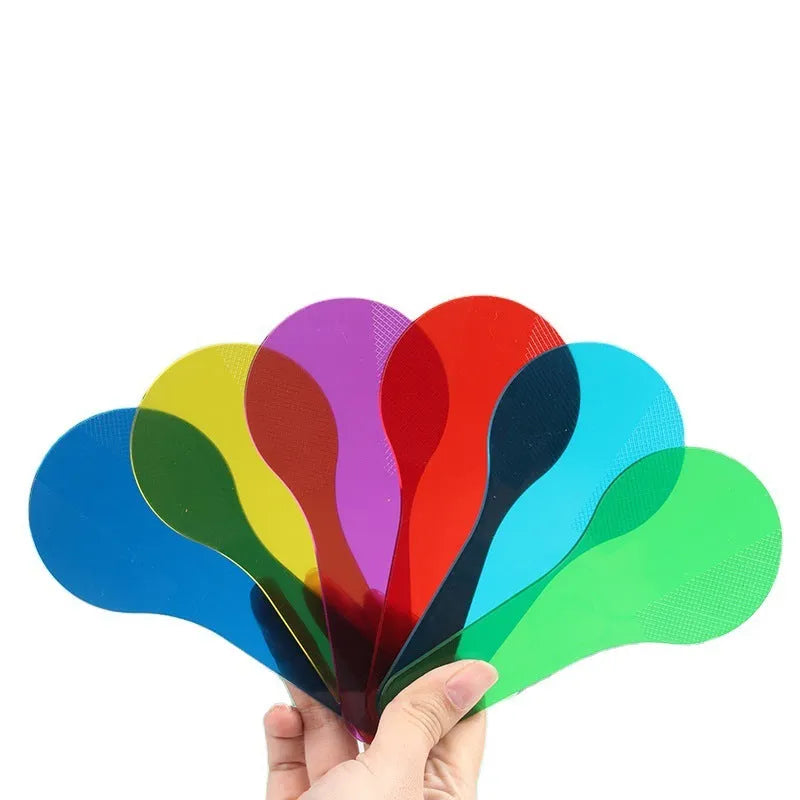 Six PVC colouring learning boards for kids in red, yellow, blue, green, orange, and purple.