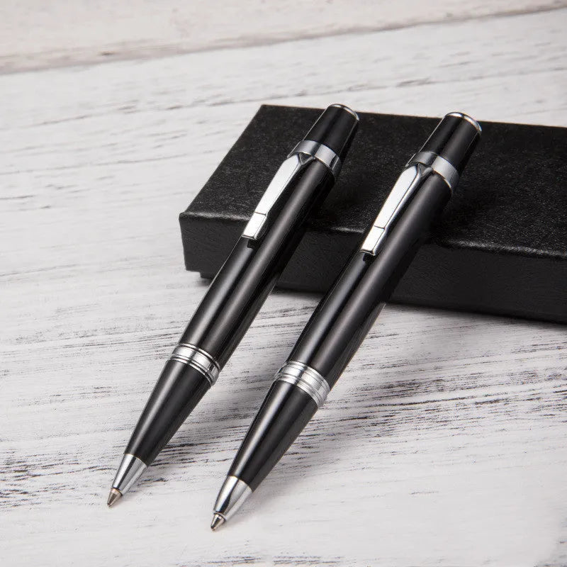 Short black metal ballpoint pen with rotating mechanism and 112mm length