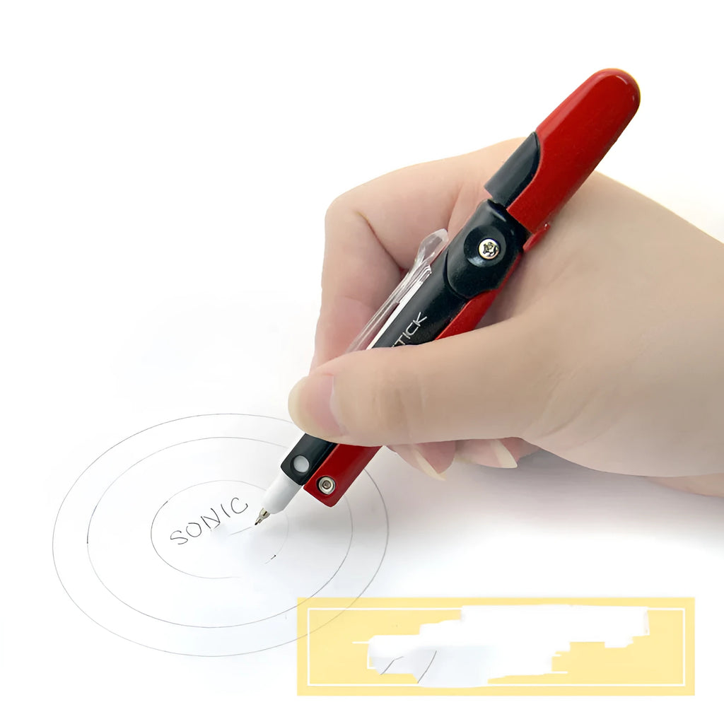 Automatic drawing compass with protective safety cap shown in multiple colours including blue, pink, and gold