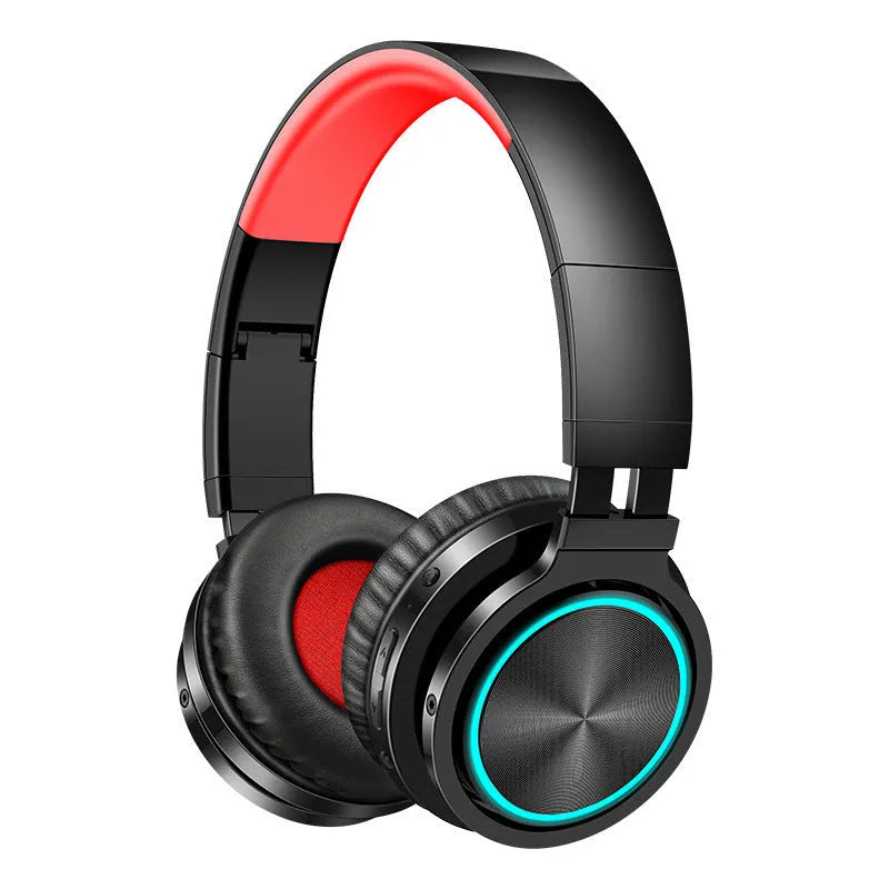 B12 wireless folding headset in black, black and red, or white and grey colour options showing head-mounted design