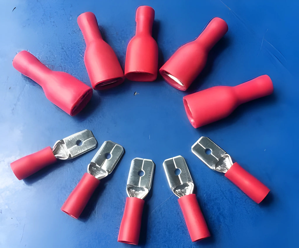 Fully insulated male and female spring terminals for 10-12AWG wire in red and yellow 50 pairs