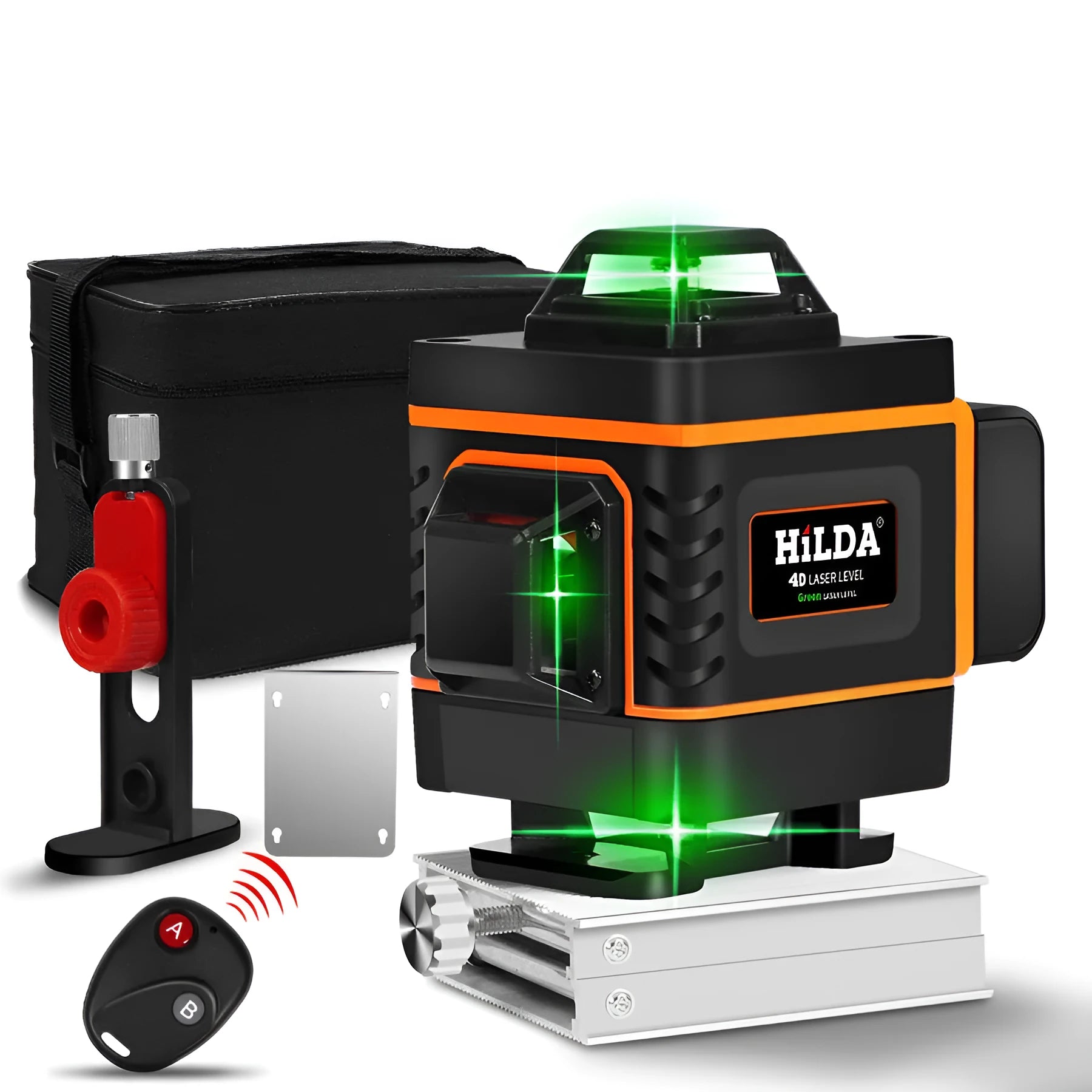 Rotating laser level tool with green and orange laser options for wall alignment