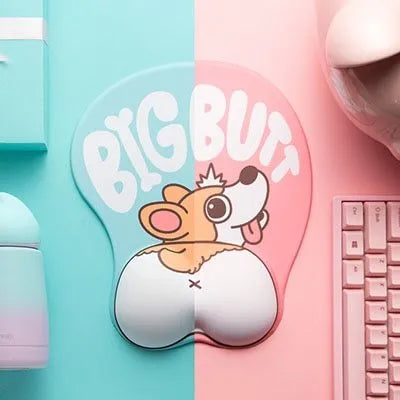 Corgi design 3D mouse pad with raised wrist support cushion in blue colour on desktop