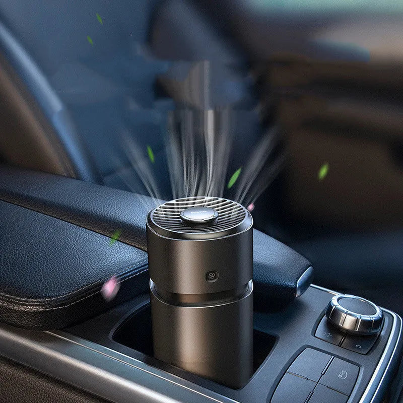 Car cup holder aromatherapy fan diffuser in aluminium alloy, black or silver, with two balms