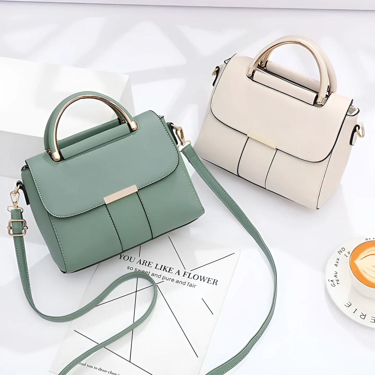 Women's medium PU square shoulder handbag with cover opening and multiple interior pockets