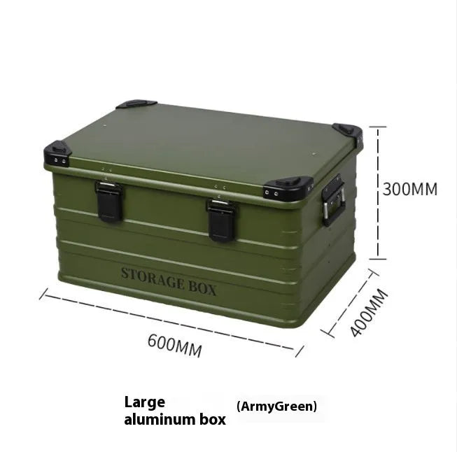 Waterproof vehicle-mounted storage box in medium and large sizes with Army Green, Black Aluminum, and Gray Sand Green colour options