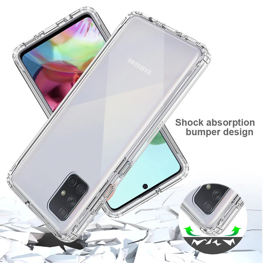 Transparent Samsung Galaxy phone case showing front and back views on a phone.