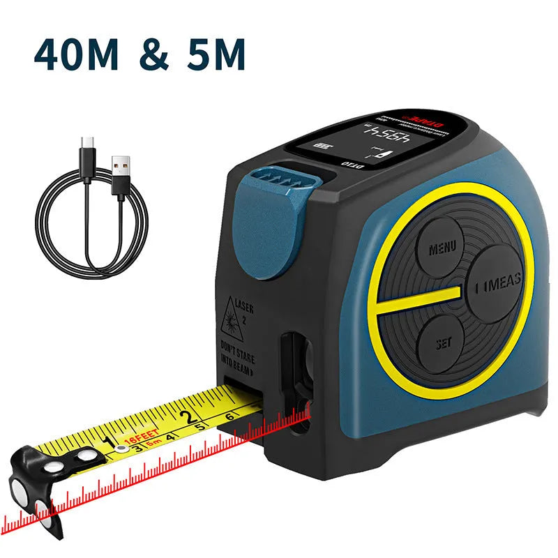 Black rechargeable infrared laser rangefinder digital display tape measure with 5M nylon coated tape, DT10, 0.01 mm accuracy