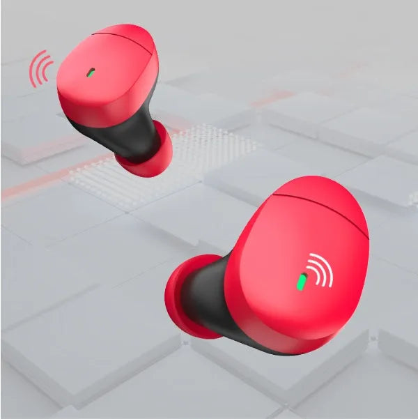 Flame red Qualcomm TWS 3040 wireless Bluetooth earbuds with charging case and USB cable.