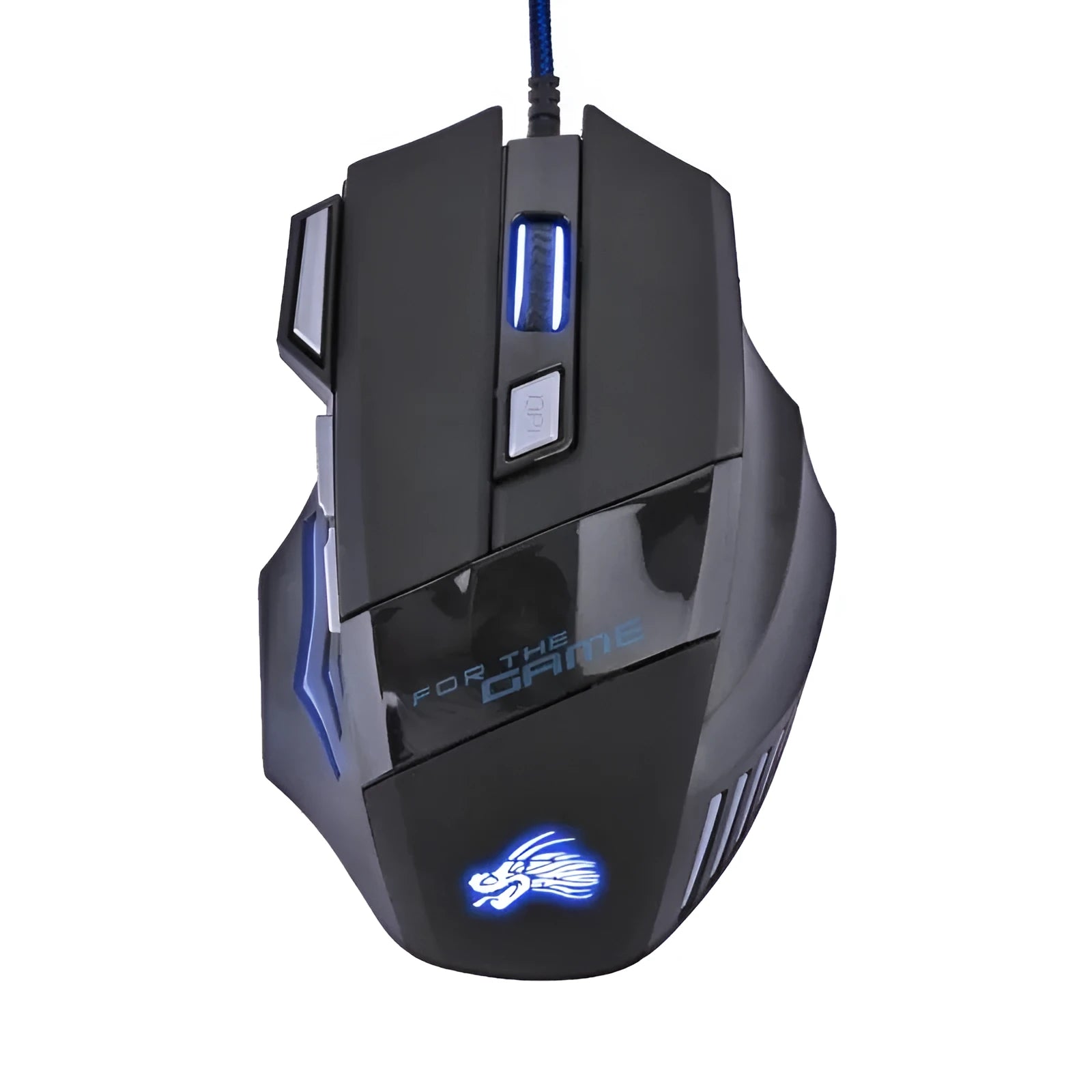 Black wired USB gaming mouse with colourful LED lights and Tyrannosaurus Rex graphic on a desk