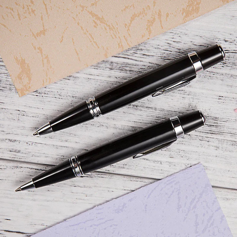 Short black metal ballpoint pen with rotating mechanism and 112mm length