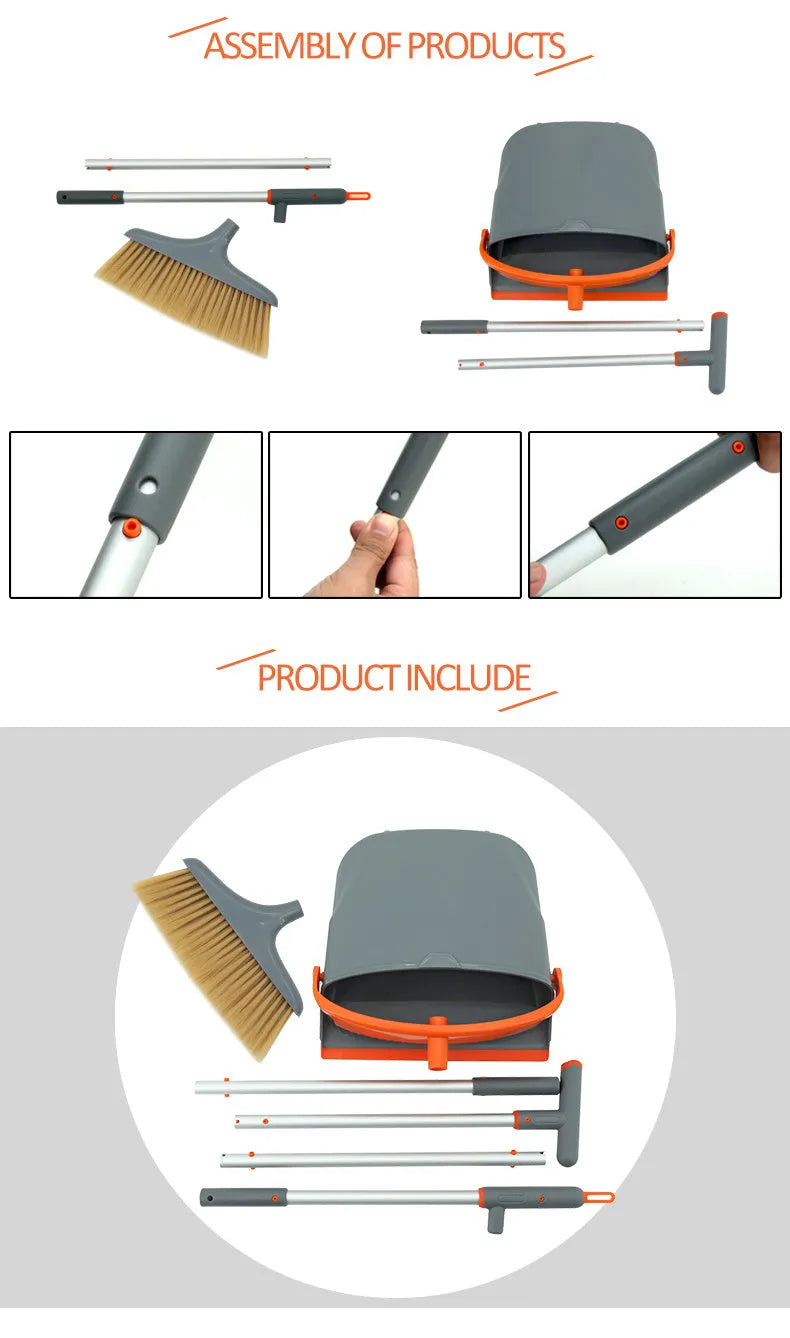 Upgrade colour foldable broom dustpan combination set with bucket and double pole cleaning tools on kitchen floor
