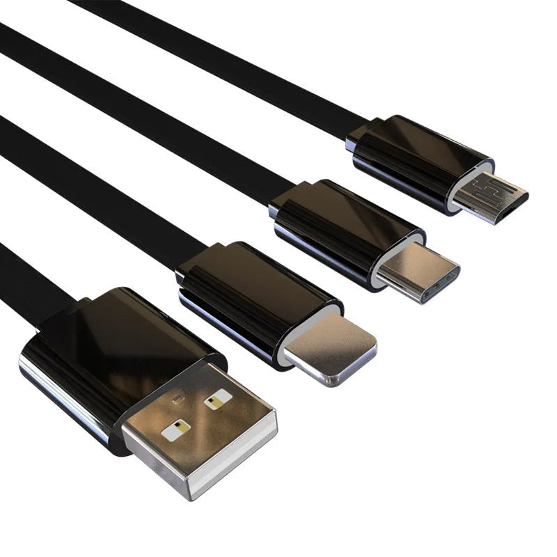 3-in-1 charging cable 1m noodle style one-to-three split connector in black or white