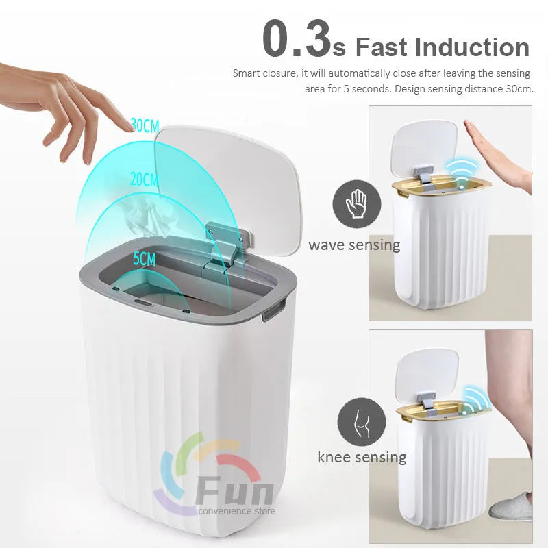 White automatic induction smart trash can with lid open, showing internal bin liner.