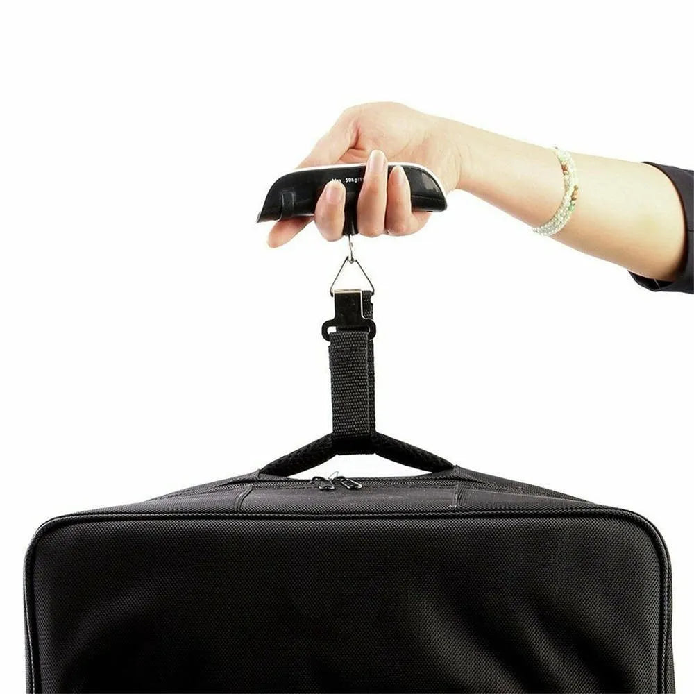 T-shaped electronic scale 50kg/10g with backlit LCD screen, black plastic, 16cm x 3cm portable size.