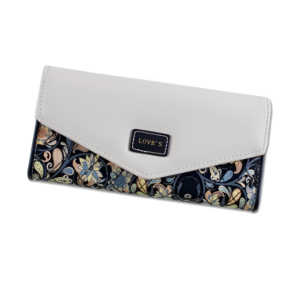 Three-fold black PU leather student wallet with a buckle closure and a leather clip, shown open to display multiple card slots.
