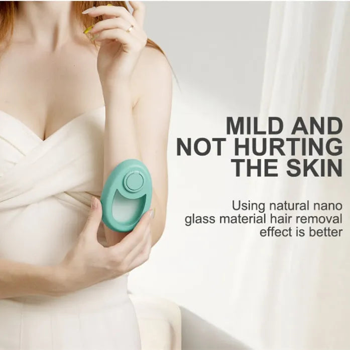 Crystal hair removal device with nano-glass surface and metal finger ring