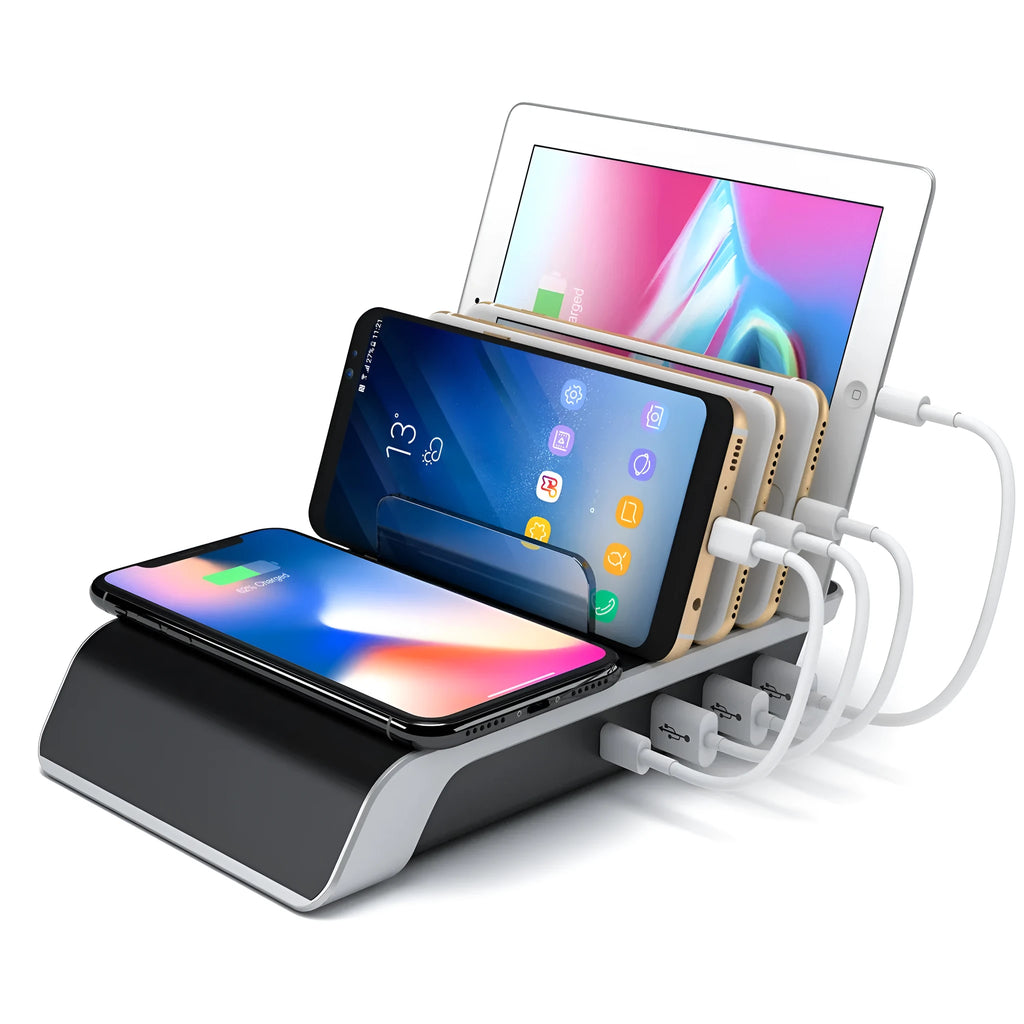 Black wireless charging stand for mobile phones and tablets with universal compatibility