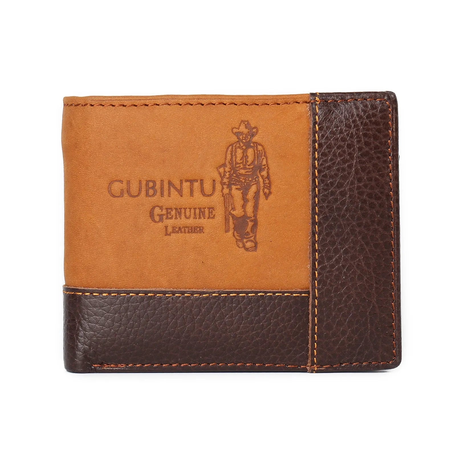 Men's brown leather wallet with white contrast stitching, open to show card slots, zipper coin pocket, and bill compartment.