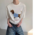 Mens grey cotton T-shirt with embroidered sausage dog towel design on front