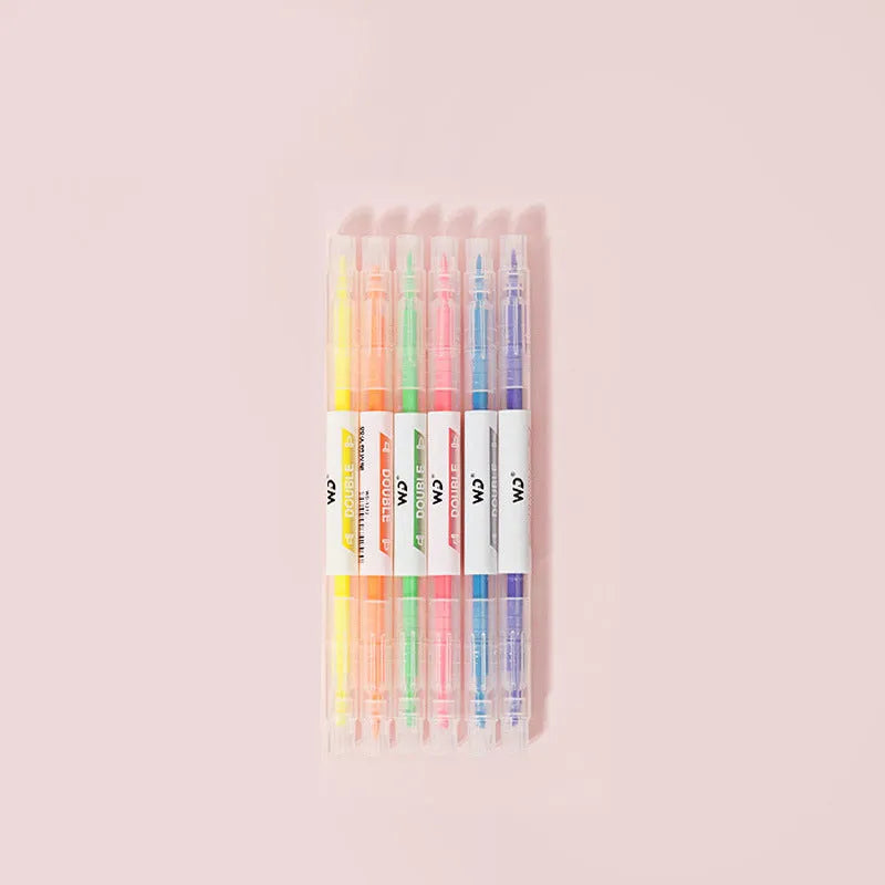 Set of six double-headed marker pens with round and oblique tips in six different colours