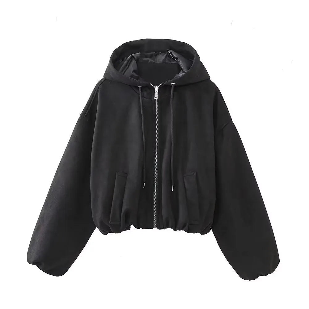 Women's suede hooded jacket in black or white casual styling