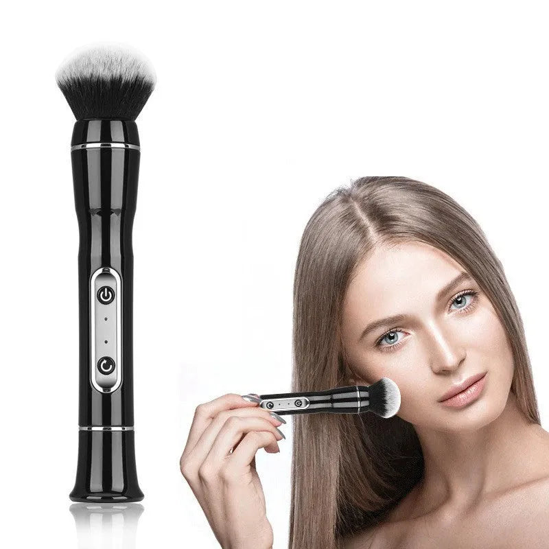 Electric makeup brush with foundation head and blush head, black, on a white background