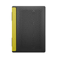 Black alloy portable notebook stand for laptops under 16 inches on a desk.