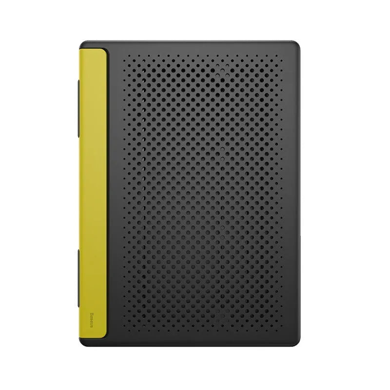 Black alloy portable notebook stand for laptops under 16 inches on a desk.