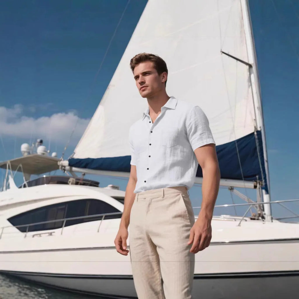 Men's loose fit short sleeve linen shirt in a solid colour, showing cardigan style and casual design.