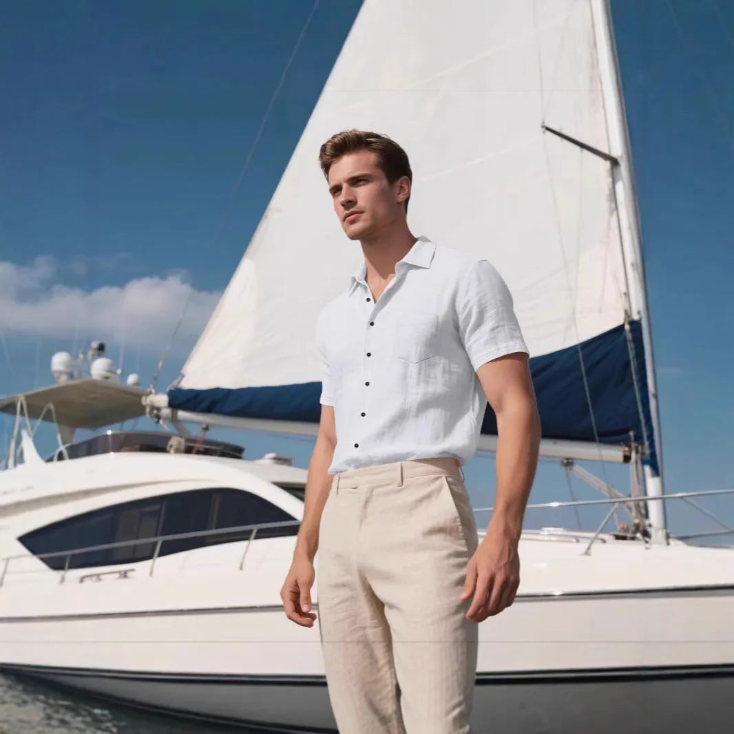 Men's loose fit short sleeve linen shirt in a solid colour, showing cardigan style and casual design.