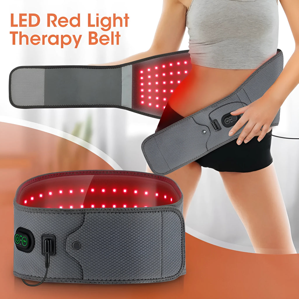 Grey neoprene electric waist therapy belt with adjustable strap and power connection.