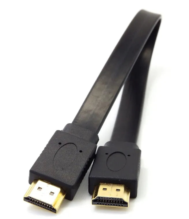 Flat black HDMI cable with gold-plated connectors shown in various lengths on a white background.