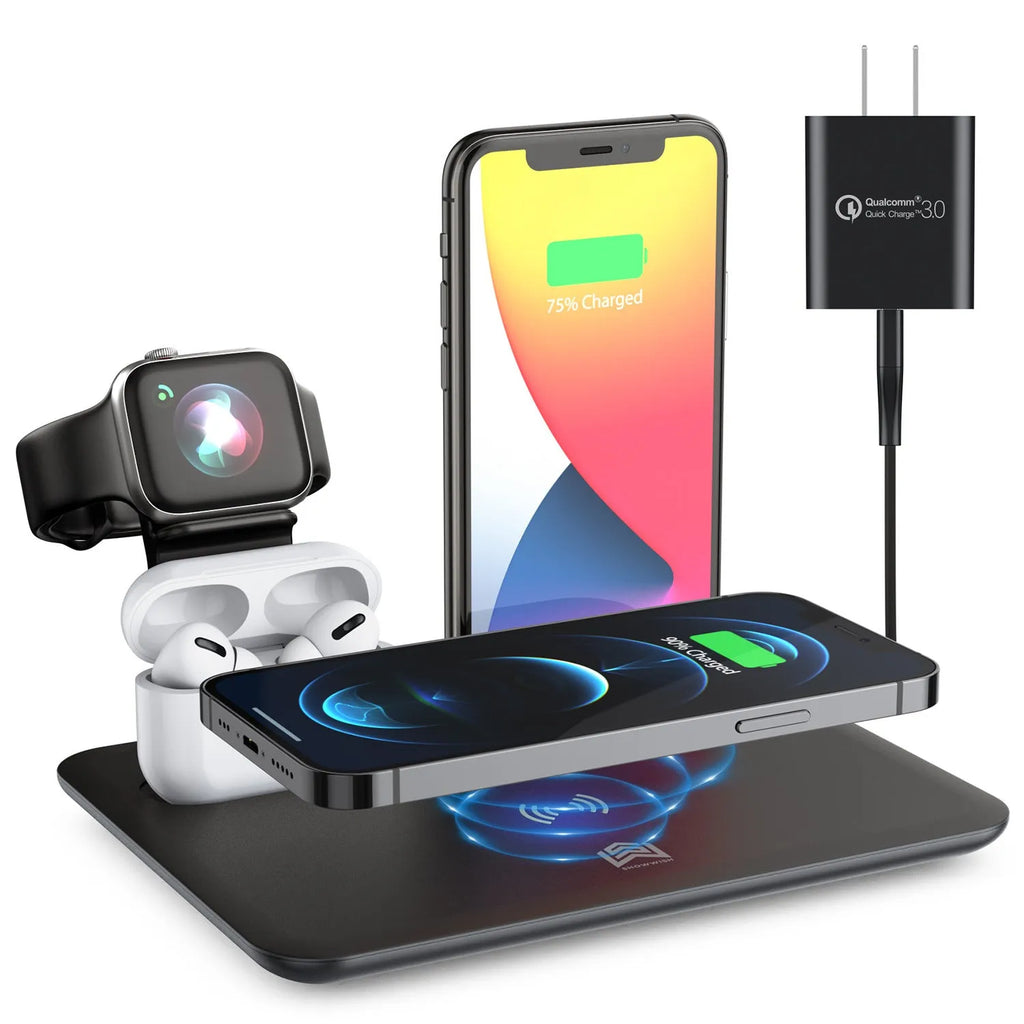 Black multi-device wireless charging station for phone, smartwatch, and headphones on a wooden desk.