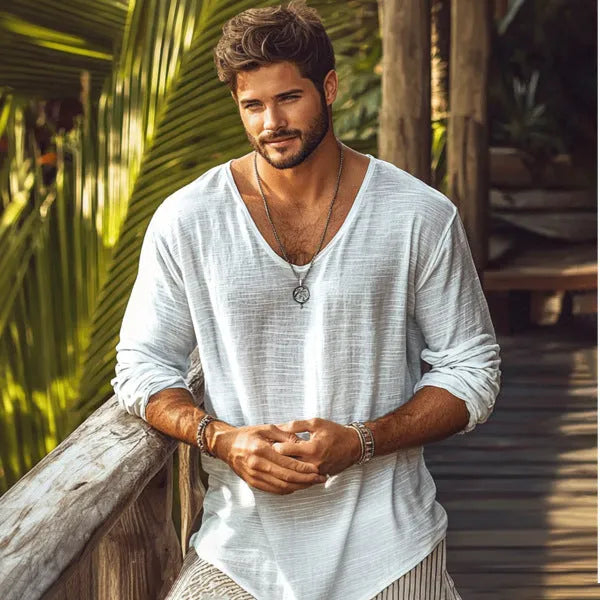 Beige V-neck long-sleeved slim-fit T-shirt made from hemp blend fabric