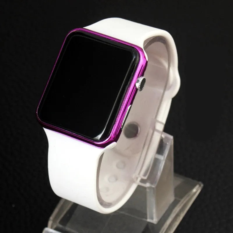 Digital student bracelet watch with square plastic case, 37mm dial, and calendar display, multiple colours