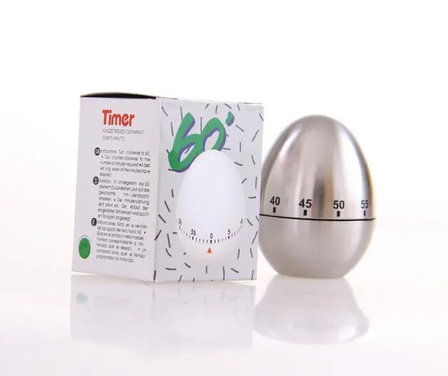 Stainless steel mechanical kitchen timer with egg-shaped design showing 60-minute dial