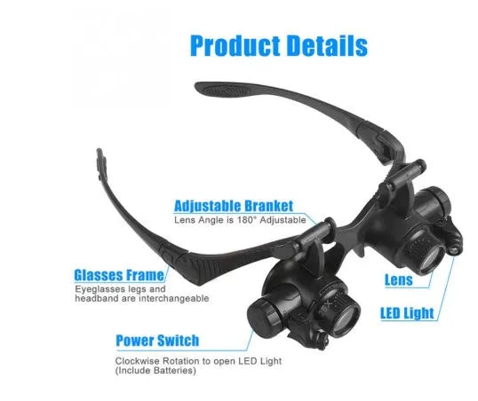 Black hands-free LED magnifying glasses with interchangeable lenses on a headband for watch repair.