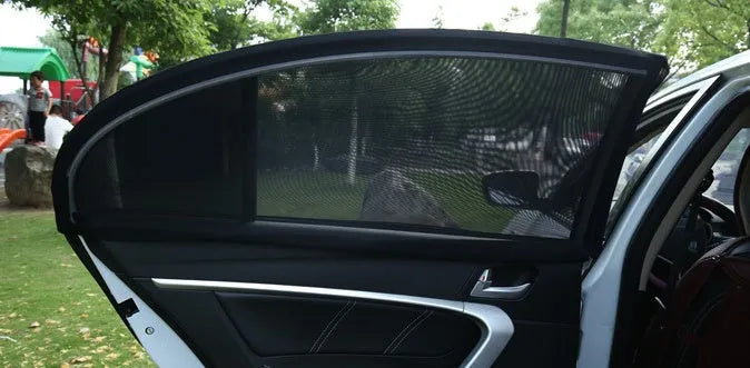 Black polyester mesh car window sunshade with elastic band, sizes 100x54cm to 113x50cm, UV mosquito dust shield