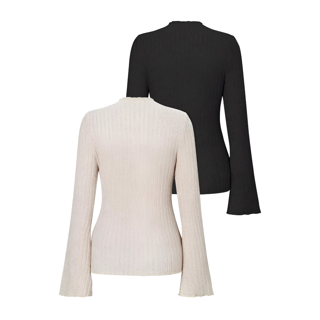 Khaki long sleeve pullover top with a round neck, lantern sleeves, and a brushed sunken stripe texture.
