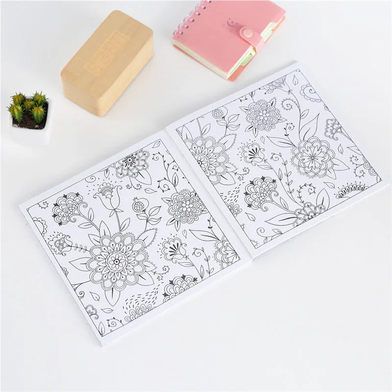 Mandala unzip colouring book showing binder binding and 21cm square dimensions
