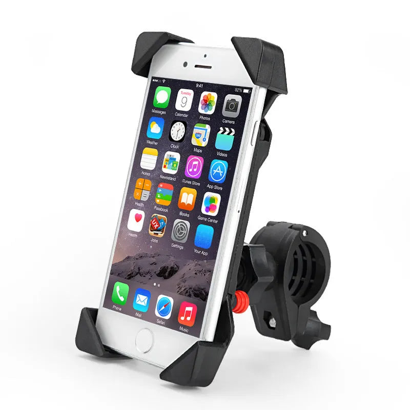 Black ABS motorcycle phone holder mounted on handlebar with adjustable arms and USB charging port