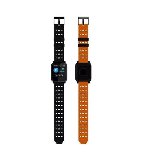 A6 smart bracelet with colour screen and silicone strap in blue, black, or orange on a wrist