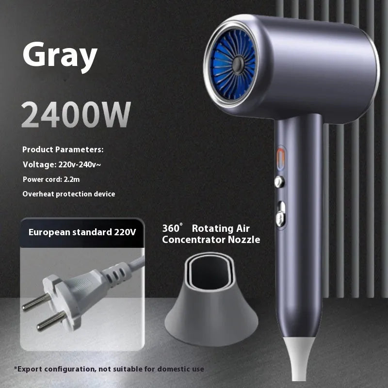 Black household anion hair dryer with blue light, five fan speeds, and air collecting nozzle on neutral background
