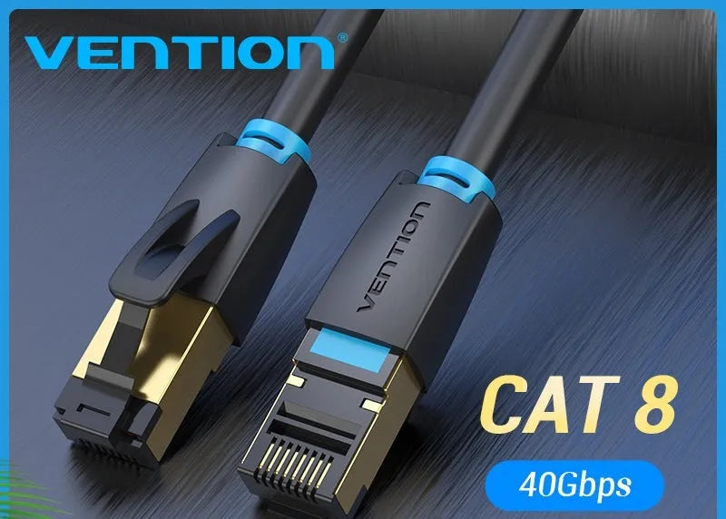 CAT8 shielded Ethernet network cable with RJ45 connectors, available in flat and round styles in various lengths.