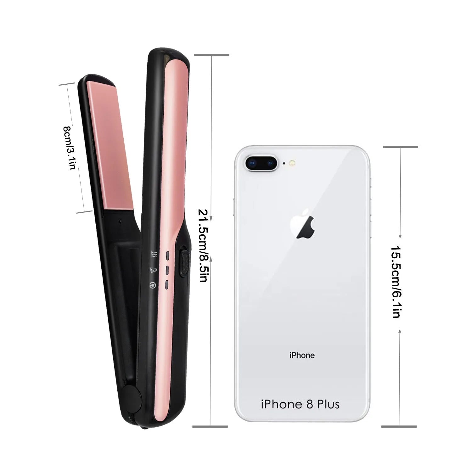 USB wireless hair straightener with tourmaline ceramic 15mm plates, black colour, cordless design on white background
