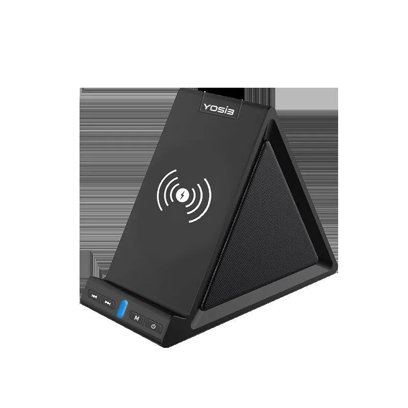 Black multifunctional Bluetooth speaker with integrated wireless charging power bank and mobile phone stand.
