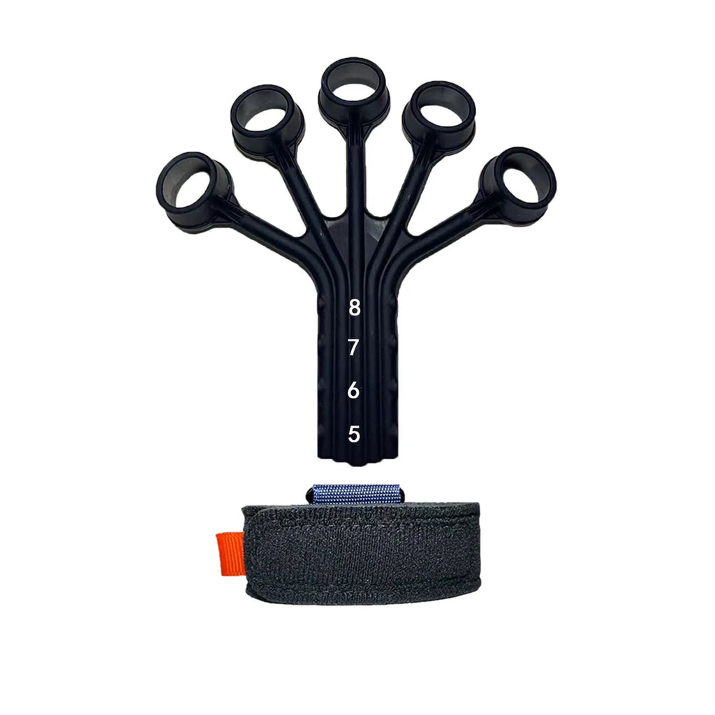 HLX silicone finger rehabilitation trainer with adjustable tension belt, shown in grey colour.