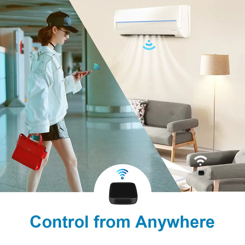 Black universal infrared remote control with voice command capability and environmental sensors