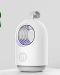 White or blue indoor mosquito killer lamp with UV light, fan, and silicone carry handle.